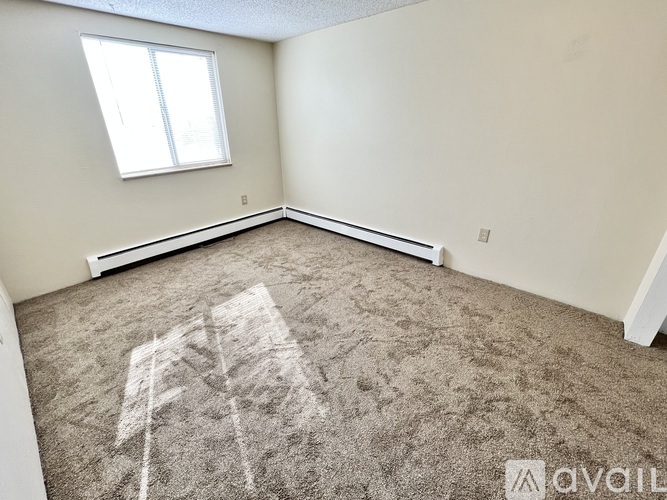 A room with a carpet that has a white arrow drawn on it.