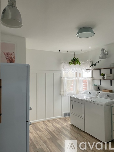 A kitchen with a refrigerator, sink, and hanging plants.