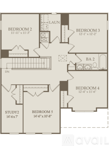 A floor plan of a house with five bedrooms and a study.