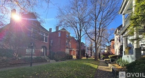 A sunny day in a quiet residential area with houses and trees.