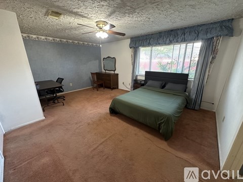 A room with a carpeted floor and a ceiling fan.