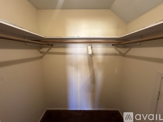 A walk-in closet with a light shining through the door.