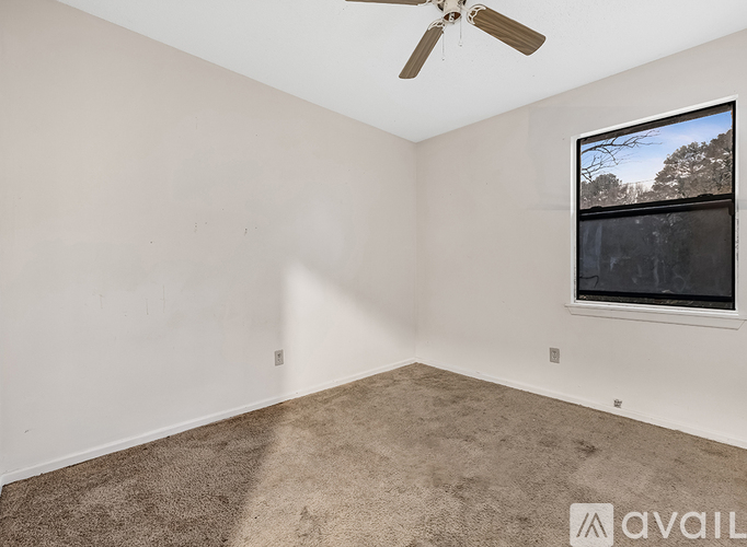 A room with a ceiling fan and a window showing trees outside.