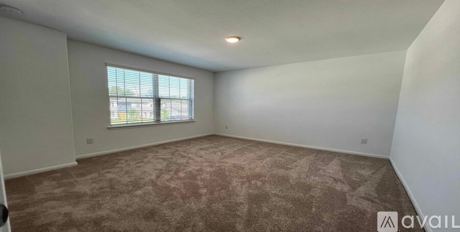 A room with a carpeted floor and a window with blinds.
