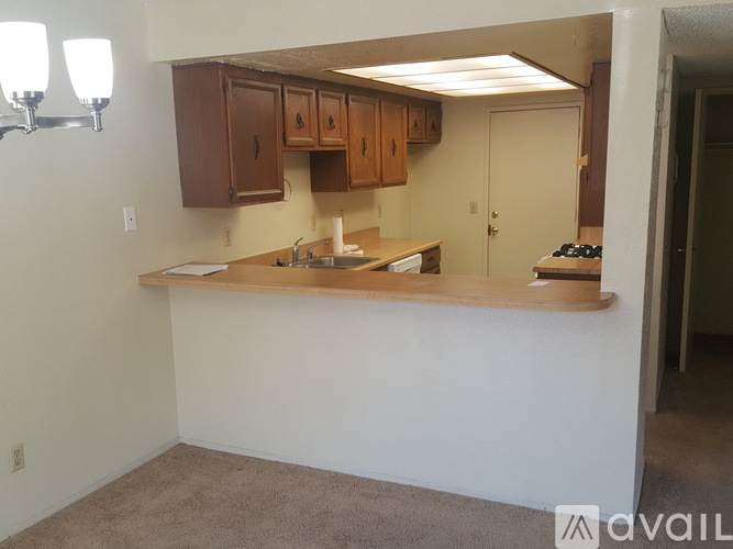 A kitchen area with brown carpeting and white walls.