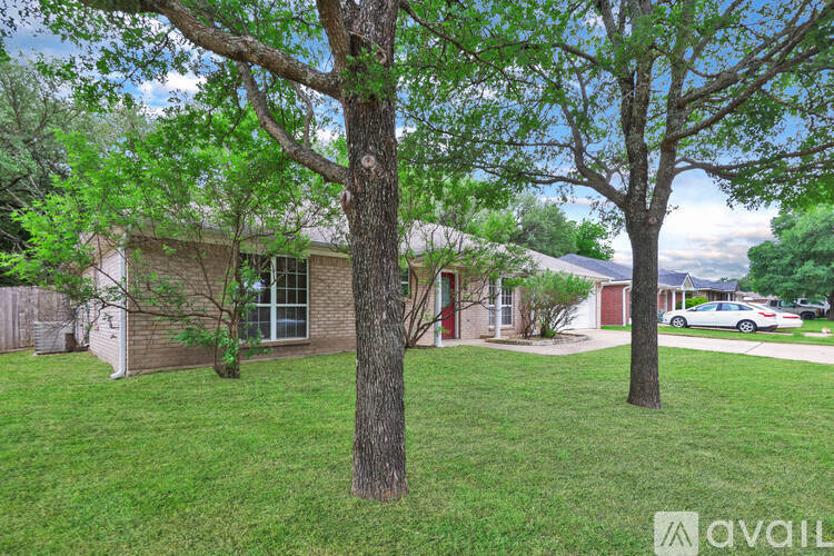 A tree stands in a grassy yard in front of a house.