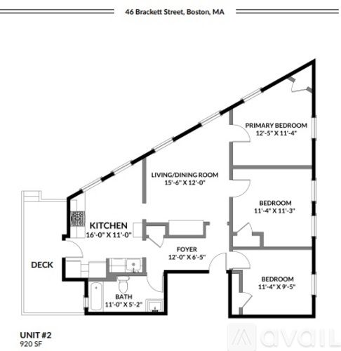 A floor plan of a two-bedroom apartment at 46 Brackett Street, Boston, MA.