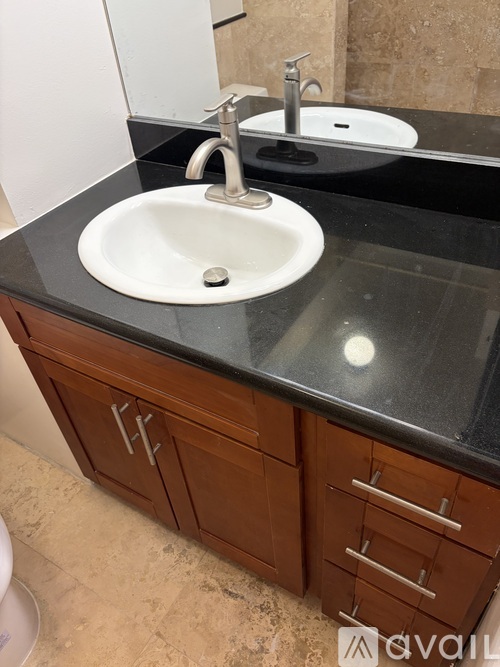 A bathroom sink with a black countertop and wooden cabinets.