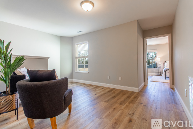 A living room with a brown chair and a plant.