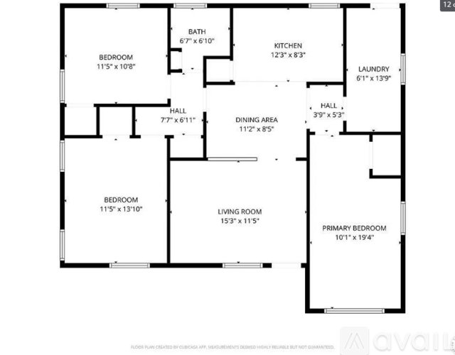 A floor plan of a house with a living room, dining area, kitchen, and four bedrooms.