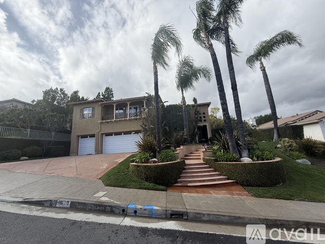 A house with a driveway and palm trees in front.