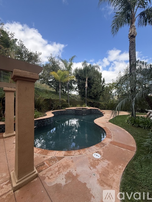 A pool surrounded by a stone border and palm trees.