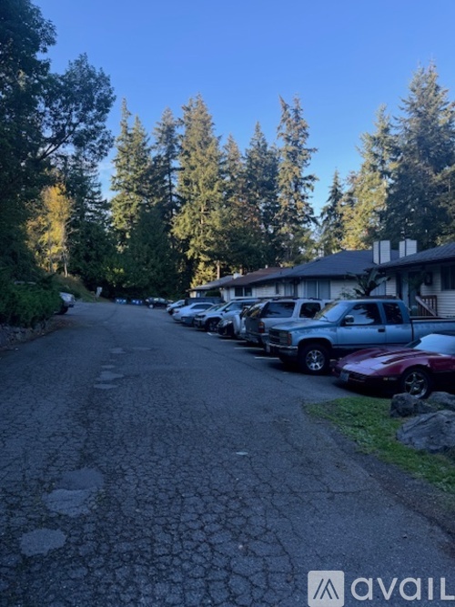 A cobblestone street with cars parked on the side and trees in the background.