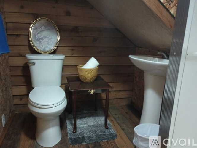 A white toilet sits in a small bathroom with wood paneling.
