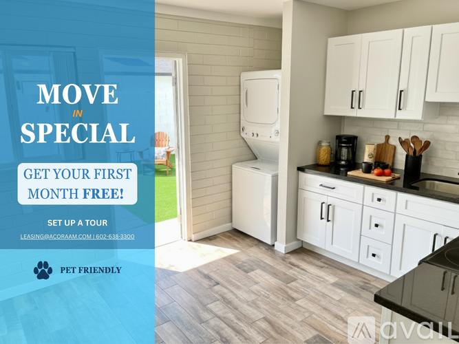 A kitchen with a sign offering a first month free deal.