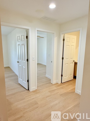 A hallway with three doors and wooden floors.