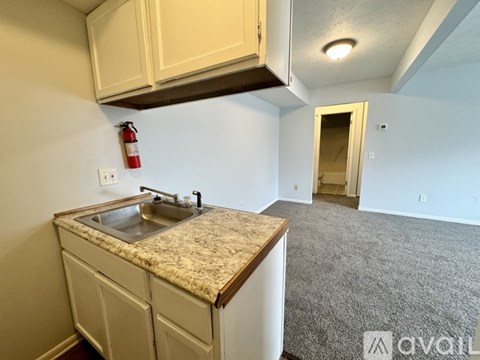A kitchen with a sink and a fire extinguisher on the wall.