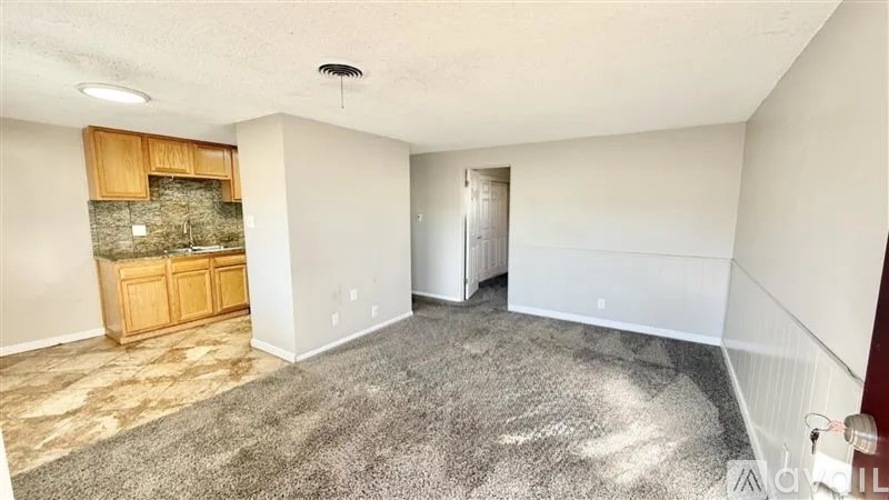A spacious living room with a carpeted floor and a stone countertop.