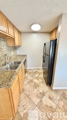 A kitchen with a black refrigerator and a granite counter top.