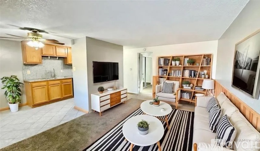A living room with a white couch and a television.