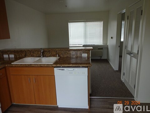 A kitchen with a white dishwasher and wooden cabinets.