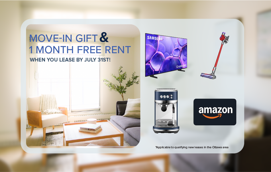 A promotional image for a move-in gift and free rent offer from Amazon.