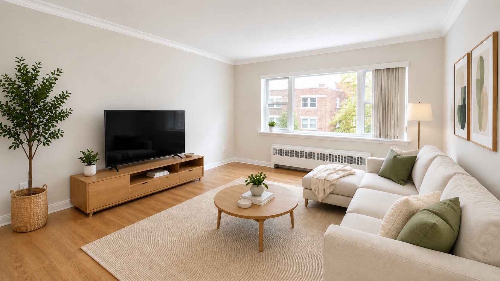 A living room with a white couch, a wooden coffee table, a flat screen TV, and a potted plant.