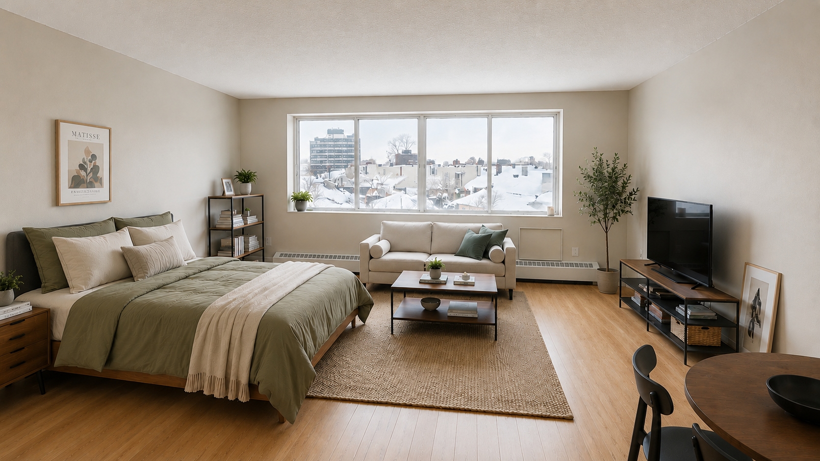 A bedroom with a large bed and a view of the city.