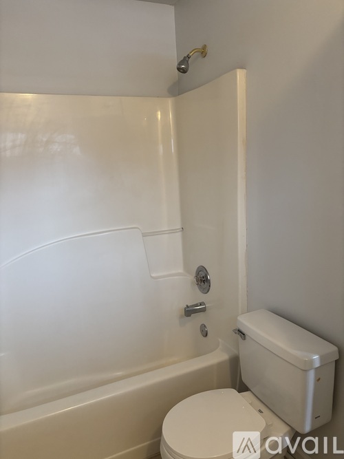 A white bathroom with a toilet and a shower.