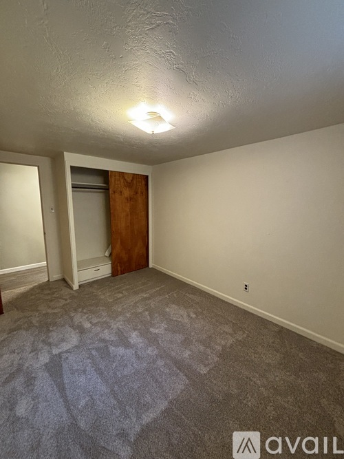 A room with a carpeted floor and a wooden door.