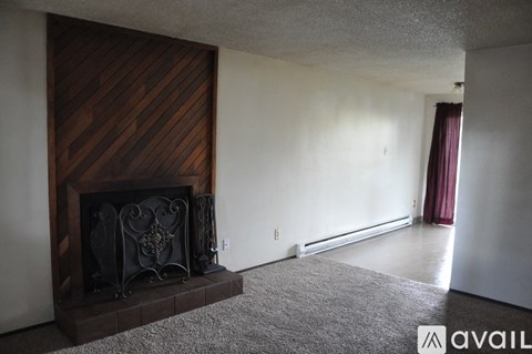 A living room with a fireplace and a carpet.
