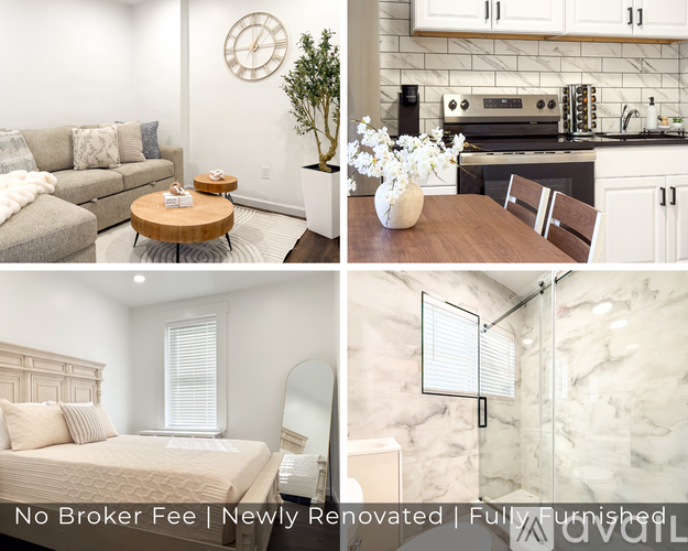 A collage of four images showcasing a living room, kitchen, bedroom, and bathroom.