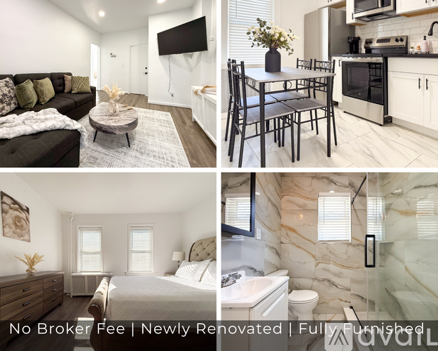 A collage of four images showcasing a modern, newly renovated living space with a kitchen, dining area, and bedroom.