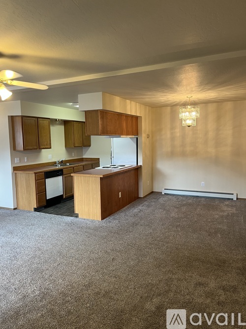 A kitchen area with wooden cabinets and a carpeted floor.