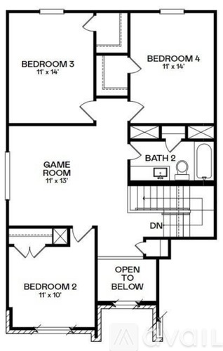 A black and white image of a floor plan for a house with four bedrooms.