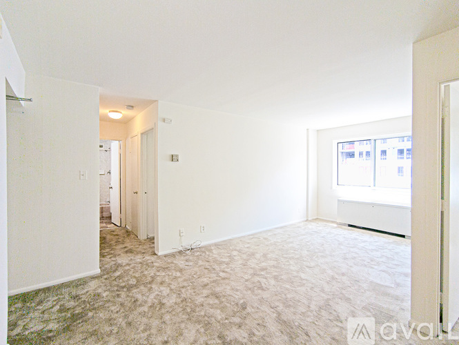 A large, empty room with a carpeted floor and a window.