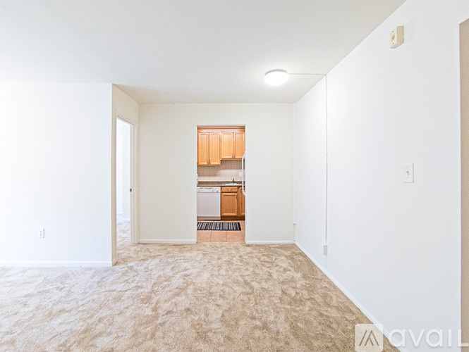 A room with a carpeted floor and a kitchen area in the background.