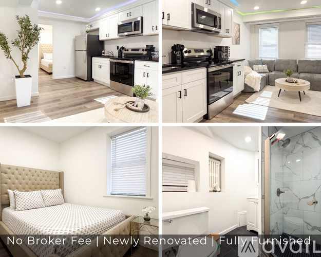 A well-lit, newly renovated apartment with a fully furnished kitchen and bedroom.