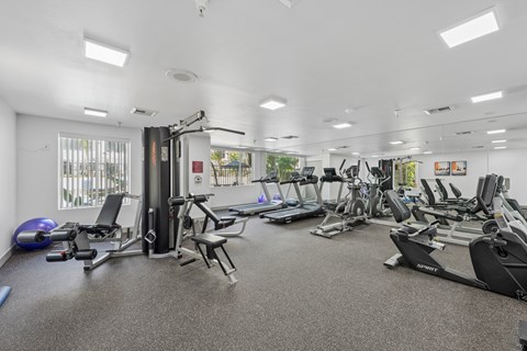 A spacious gym with a variety of equipment including treadmills, stationary bikes, and weight machines.