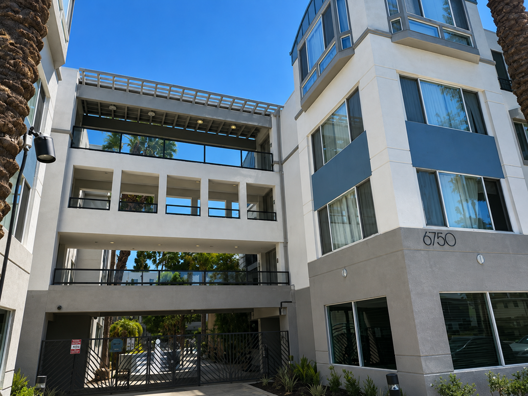 A modern two-story building with the number 6750 on the front.
