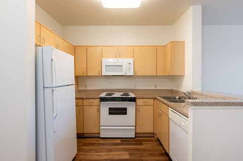 A kitchen with a white refrigerator, white microwave, white oven, and white dishwasher.
