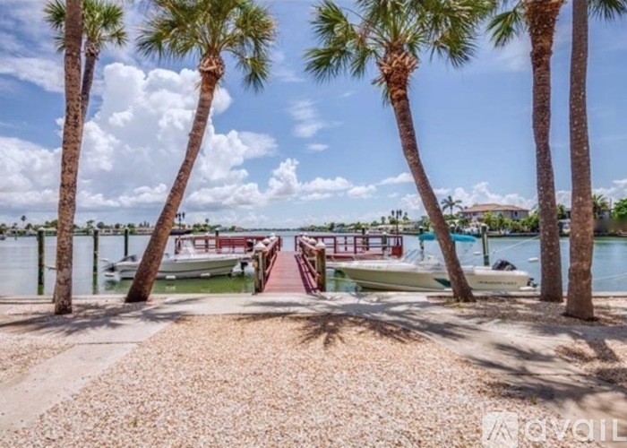 A dock with boats and palm trees in the foreground.