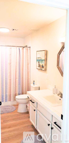 A bathroom with a toilet, sink, and shower curtain.
