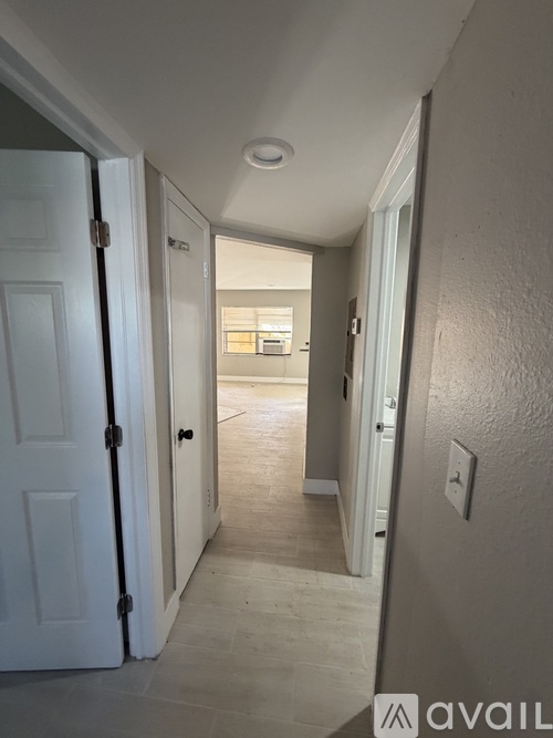 A hallway with a door on the left and a wall on the right.