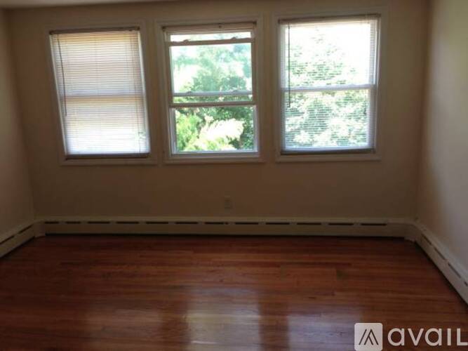 A room with wooden floors and two windows.