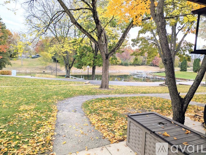 A park with a path and trees with yellow leaves.