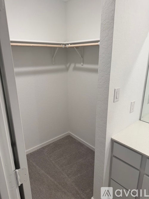 A small, empty closet with a carpeted floor and white walls.