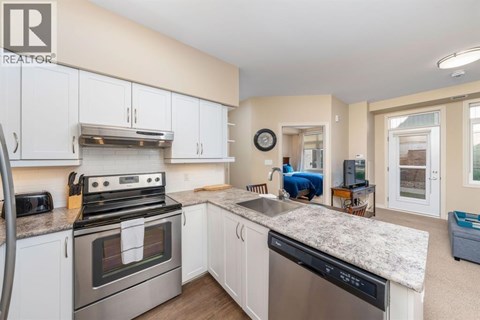 A kitchen with white cabinets and a granite countertop.