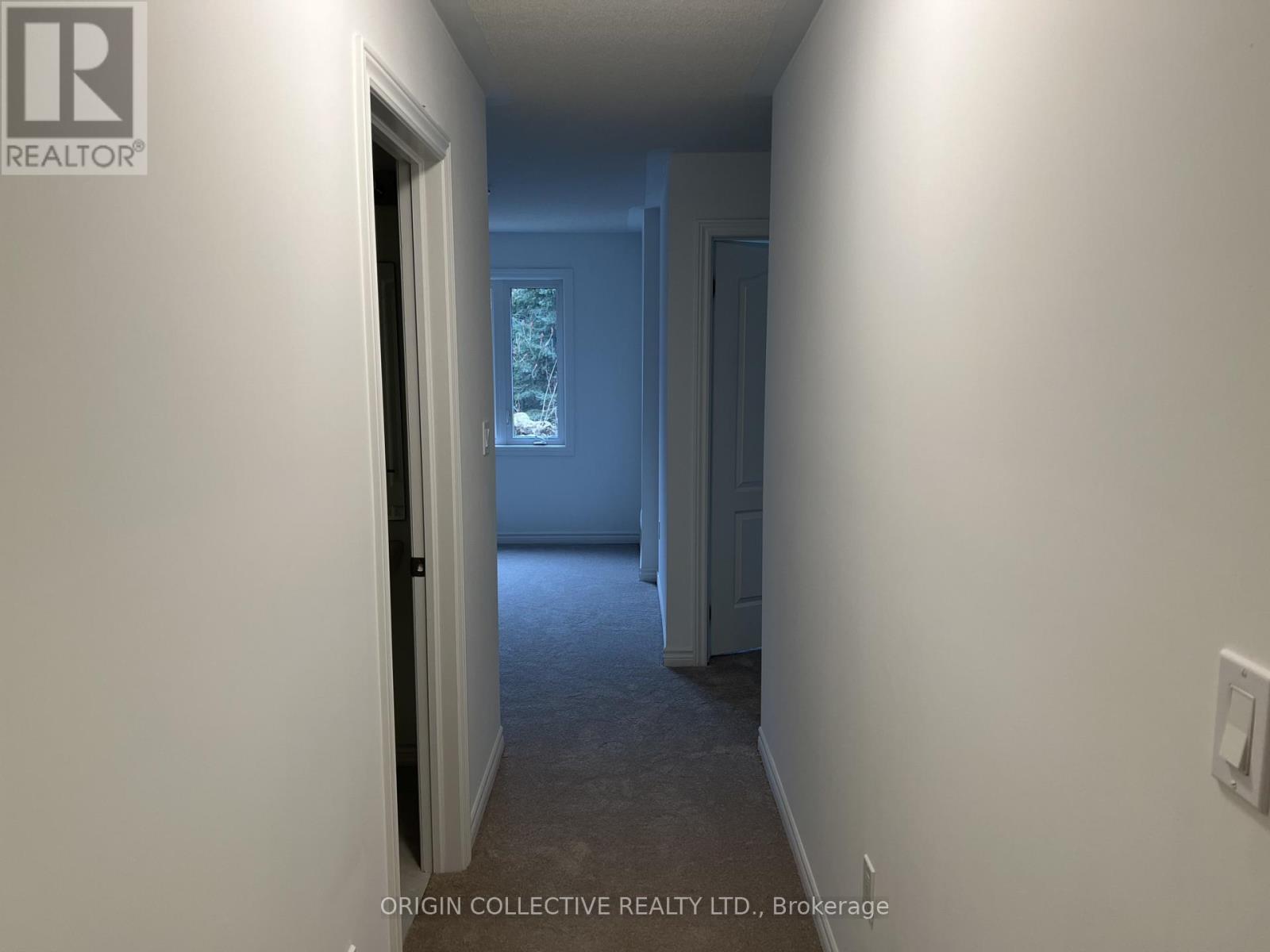 A hallway with a door on the left and a wall on the right.