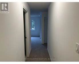 A hallway with a door on the left and a wall on the right.